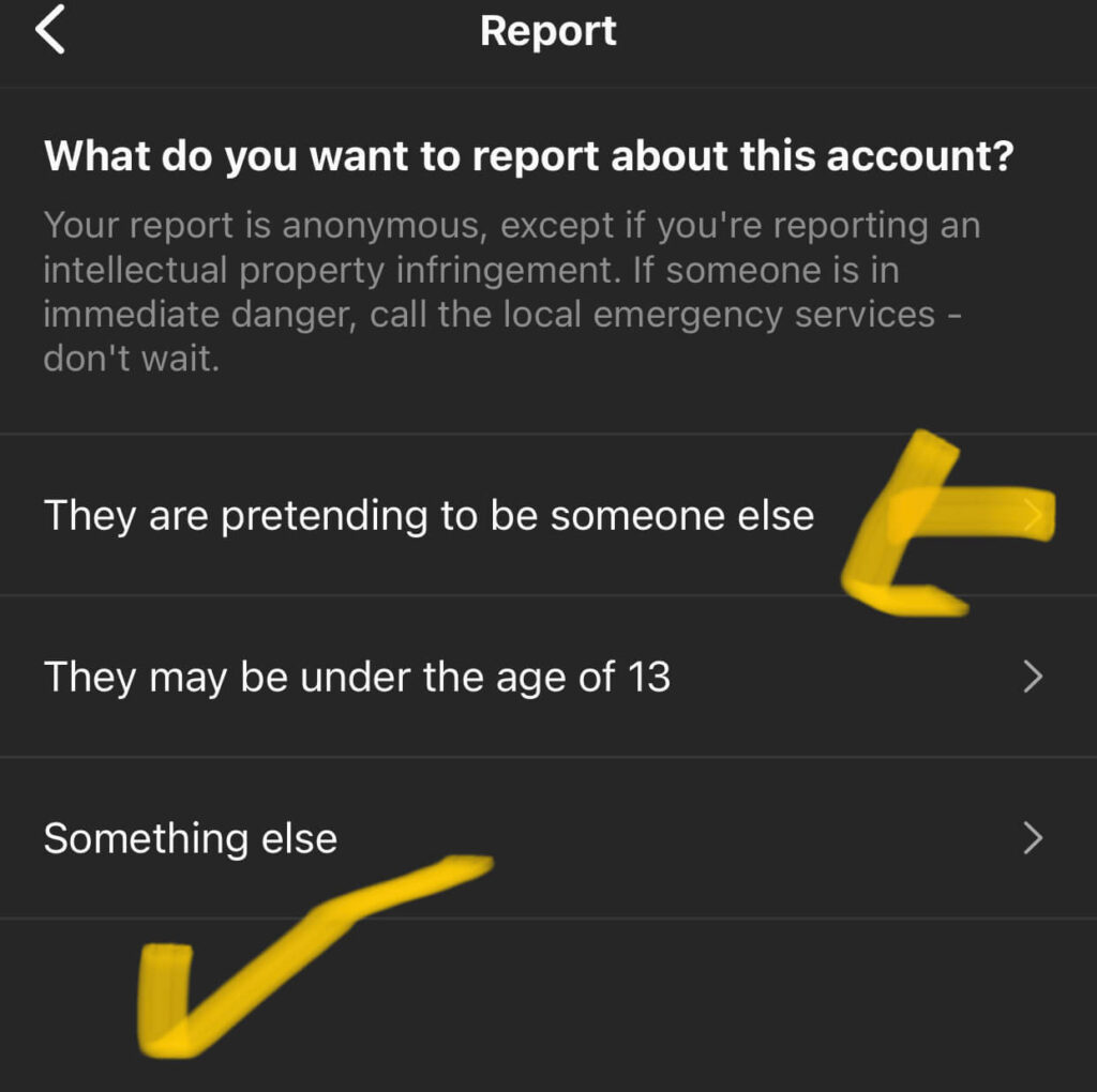 The reason for reporting the Instagram account